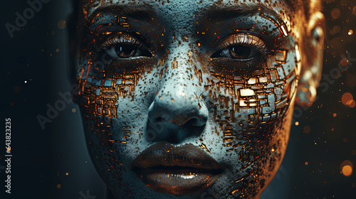 Woman face textured with colored tiles like a mayan colors mozaic - gold and blue