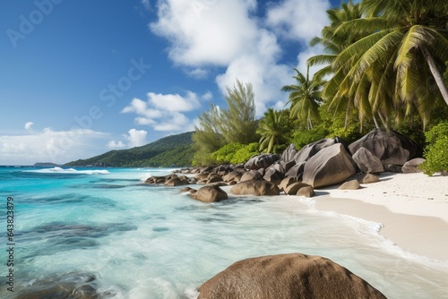 A paradise beach with palm trees, rocks, and crystal-clear sea on Seychelles island. Generative AI