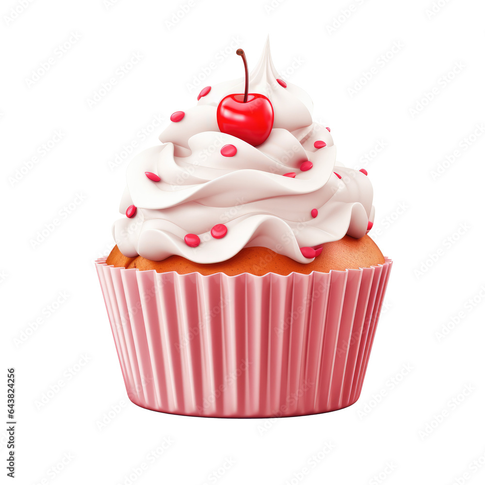 PNG of Pink Cupcake with Cherry and Sprinkles, Cream and Icing Isolated on Transparent Background: Concept for Birthday Treats, Festive Desserts, and 3D Illustration - Generative AI PNG of Pink Cupcake with Cherry and Sprinkles, Cream and Icing Isolated on Transparent Background: Concept for Birthday Treats, Festive Desserts, and 3D Illustration - Generative AI
