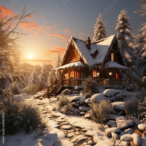 a cabin in the snow with the sun shining on it, in the style of realistic yet romantic © SayedAhammed