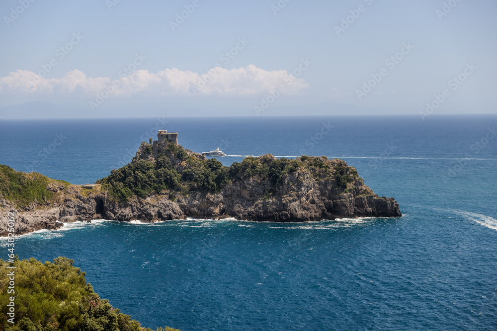 Amalfi Coast, Italy - July 27, 2023: Luxury hotels, resorts and residential buildings along the shores and cliffs of the Amalfi Coast
