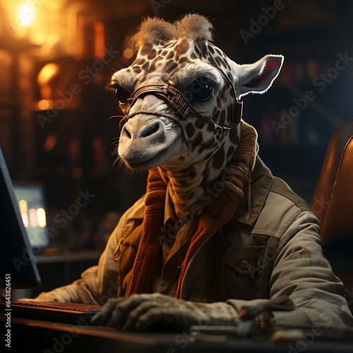 a giraffe in glasses sitting at a desk and typing on computer