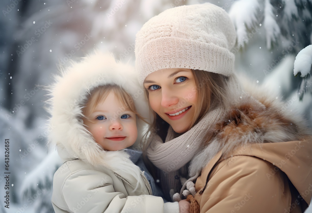 happy mother with daughter hugging and laughing, snow winter, family and love concept happy mother with daughter hugging and laughing, snow winter, family and love concept