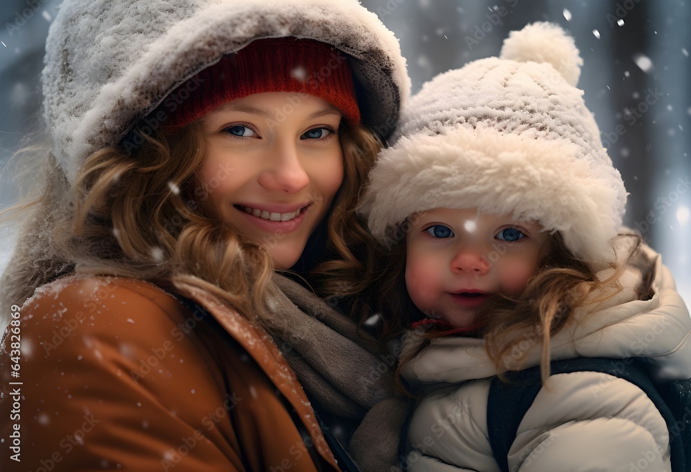 happy mother with daughter hugging and laughing, snow winter, family and love concept happy mother with daughter hugging and laughing, snow winter, family and love concept