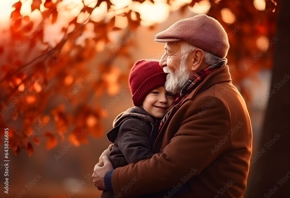 happy grandfather with grandson hugging and laughing,autumn, family and love concept