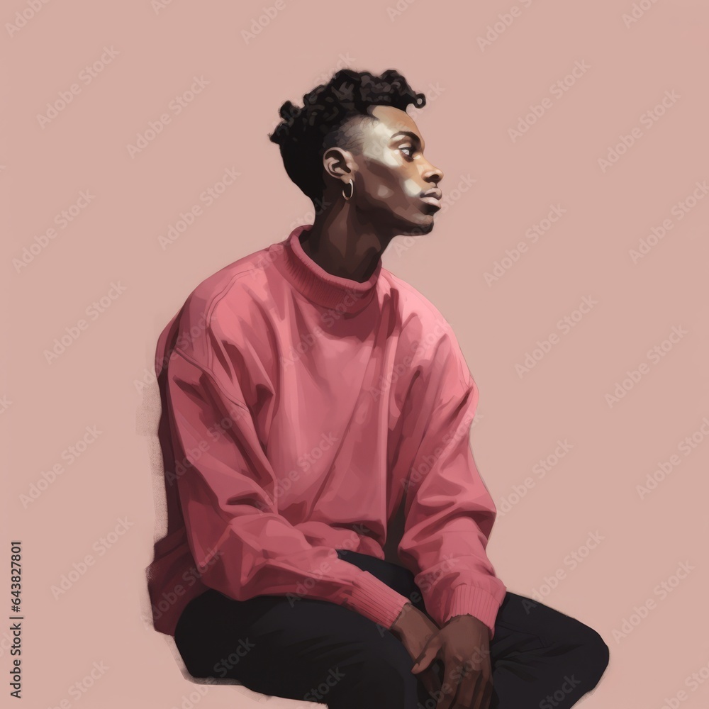 Fototapeta premium Black young man in thinking and doubts illustration. Male hipster character with dreamy face on abstract background. Ai generated bright drawn colorful poster.