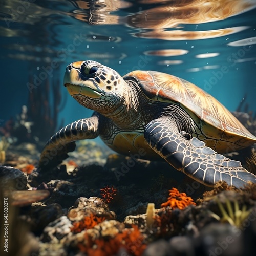 a sea turtle swimming around debris, in the style of photorealistic pastiche © SayedAhammed