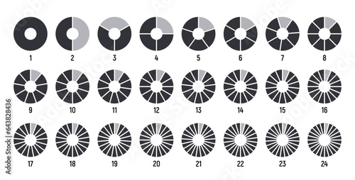 Circles divided into parts from 1 to 24. Black round chart for infographic, pie portion or pizza slice. Wheel division into fractions, circular shape sectors on white background