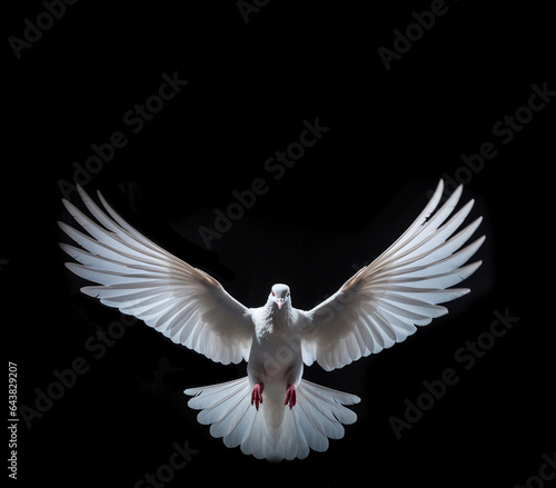Flying white dove isolated on a black background, symbol of freedom, peace and love, copy space © Zoran Karapancev