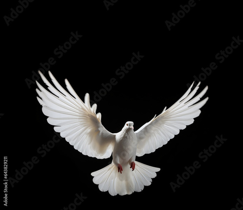 Flying white dove isolated on a black background, symbol of freedom, peace and love, copy space