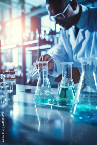 Scientist in laboratory analyzing blue substance in beaker, conducting medical research for pharmaceutical discovery, biotechnology development in healthcare, science and chemistry concept | Generativ