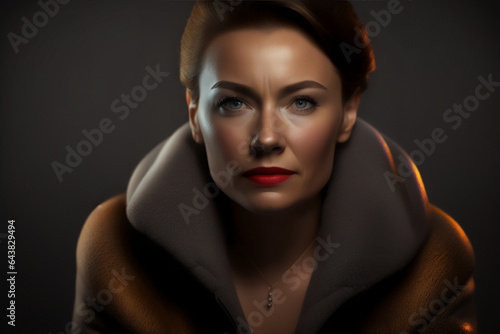 A beautiful serious woman facing the camera in a studio shoot. Generative AI_13.