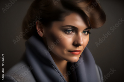 A beautiful serious woman facing the camera in a studio shoot. Generative AI_6.