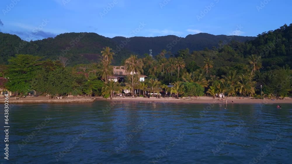 Magic aerial top view flight drone Thailand Chang island Palm tree Beach evening