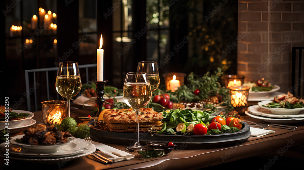 Christmas dinner. Candlelit table setting, Elegant glassware, Christmas decorations 