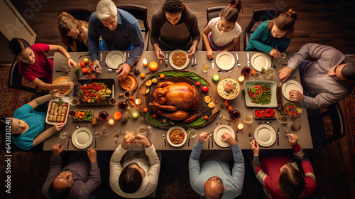 a family gathered at a festive table, with a large turkey in the center