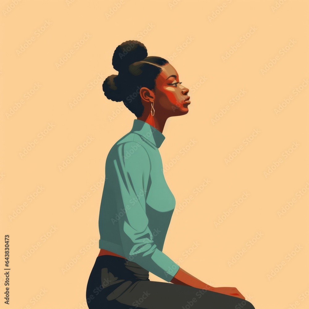 Black young woman in thinking and doubts illustration. Female hipster character with dreamy face on abstract background. Ai generated bright drawn colorful poster. Black young woman in thinking and doubts illustration. Female hipster character with dreamy face on abstract background. Ai generated bright drawn colorful poster.