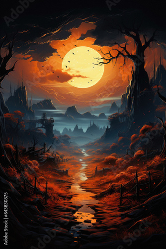 Happy Halloween spooky scary moon night scene horror landscape background. Creepy dark forest woods trees, moon and Happy Haloween ghosts gothic mysterious sky moonlight gloomy scenery backdrop.