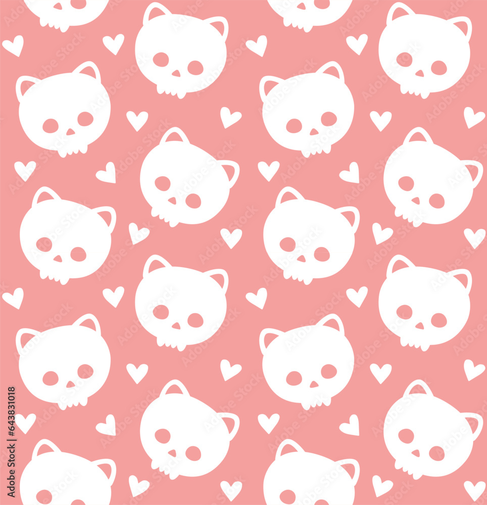 Vector seamless pattern of hand drawn flat cute cat skull and hearts silhouette isolated on pink background Vector seamless pattern of hand drawn flat cute cat skull and hearts silhouette isolated on pink background