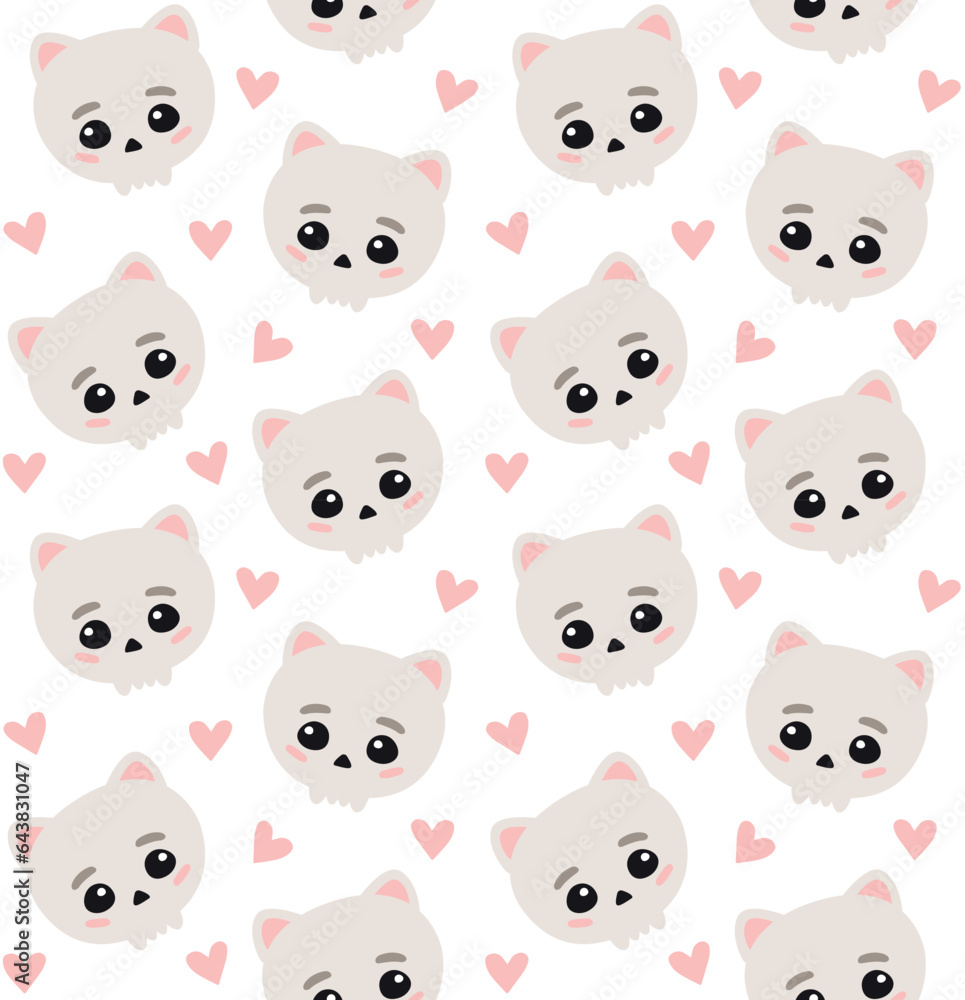 Fototapeta premium Vector seamless pattern of hand drawn flat cute cat skull and hearts isolated on white background