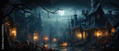 Halloween spooky background  scary pumpkins in old big creepy Happy Haloween ghosts horror house evil haunted castle scene. Creepy dark gothic mysterious night dark backdrop concept.