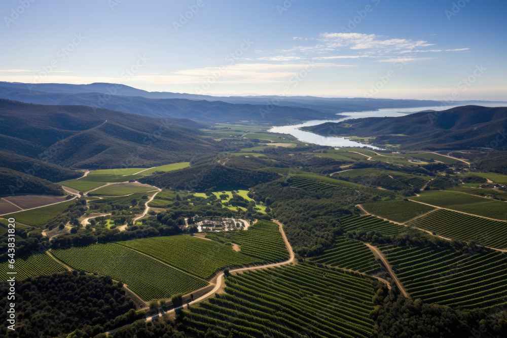 Nature's Tranquil Tapestry: Captivating Birdseye View of an Immaculate Vineyard, Where Serenity Meets Exquisite Winemaking