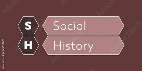 SH Social History. An Acronym Abbreviation of a common Medical term. Illustration isolated on red background