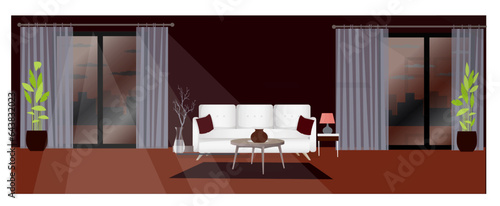 Luxury interior with wine colored wall, reddish brown floor, living room with sofa in light gray tone with undertones of white and silver, minimalist decor and windows overlooking the city.  Vectors