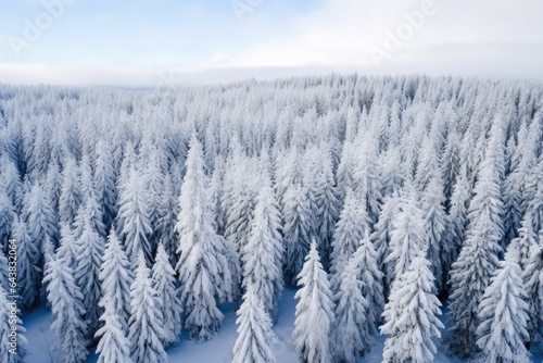 Winter's Majestic Tranquility: Aerial Glimpse of Pristine Snowy Forest, Serene and Breathtaking in its Untouched Beauty