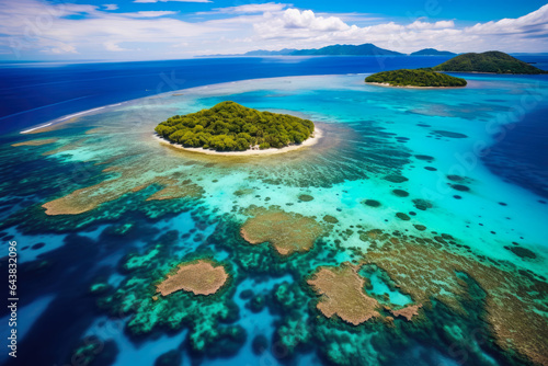 Captivating Aerial Snapshot: Exploring a Diverse Coral Garden teeming with Marine Life in Pristine Turquoise Waters - a Serene Tropical Paradise