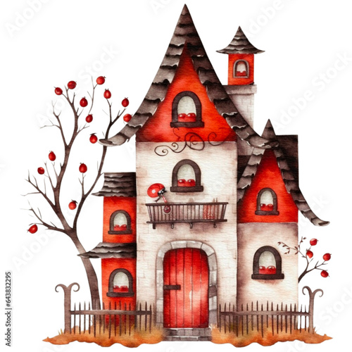 Halloween Red haunted house Spooky Night watercolor style isolated on Transparent background, Halloween dark house pumpkins watercolor PNG illustration © VeloonaP