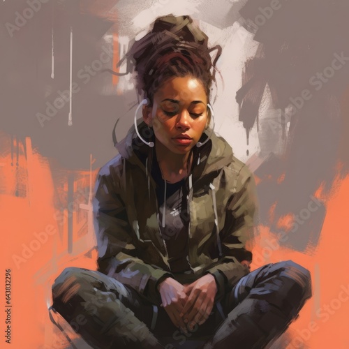 Black young woman in thinking and doubts illustration. Female hipster character with dreamy face on abstract background. Ai generated bright drawn colorful poster.