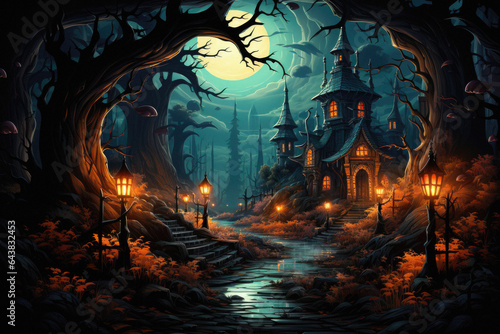 Happy Halloween background spooky scene  creepy dark night with moon  pumpkins and spooky trees on graveyard ghosts horror gothic evil cemetery landscape. Mysterious night moonlight backdrop.