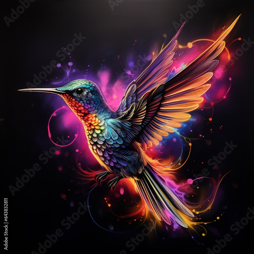 Colorful neon hummingbird on a black background. Generative AI. © Abee