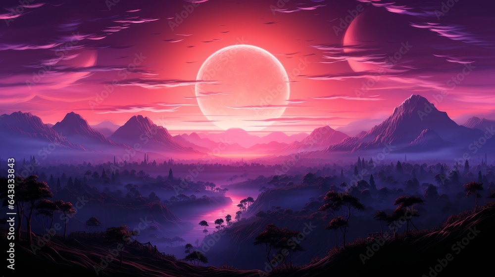 A purple landscape with huge moon. Generative AI. 