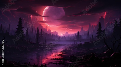 A purple landscape with huge moon. Generative AI. 