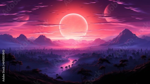 A purple landscape with huge moon. Generative AI. 