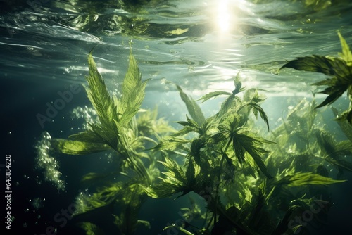Abstract image of cannabis thrown into the water, view from under the water.