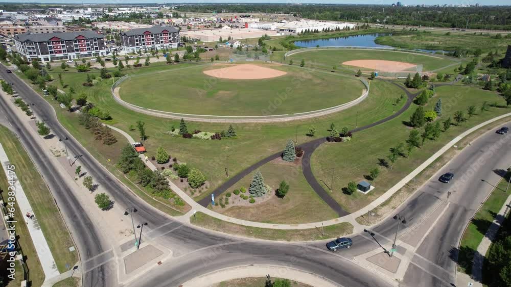 Aerial view of Stonebridge, Saskatoon, SK, Canada. The footage highlights the modern urban layout, residential areas, and connecting roads. Ideal for cityscapes.