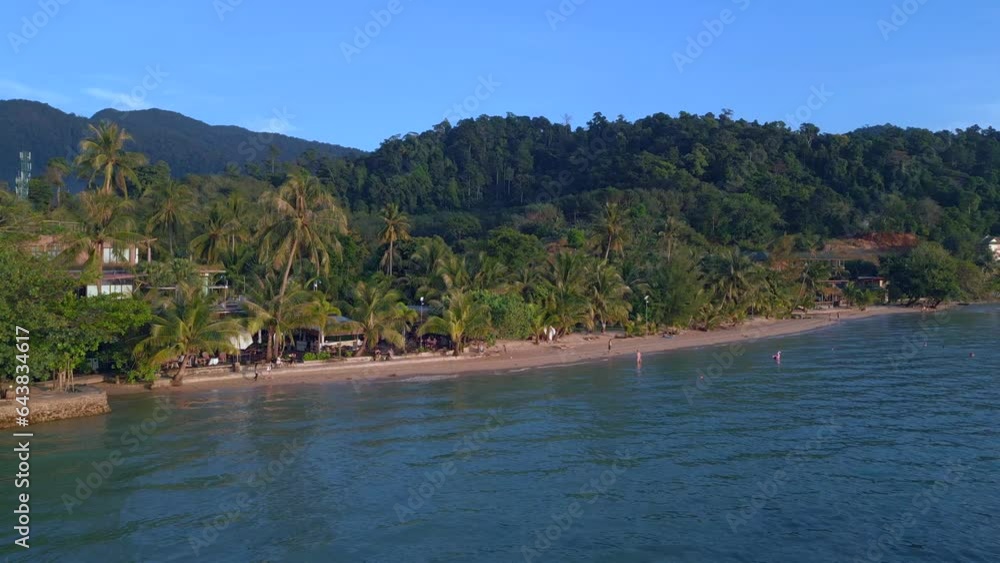 Great aerial top view flight drone Thailand Chang island Palm tree Beach evening Great aerial top view flight drone Thailand Chang island Palm tree Beach evening