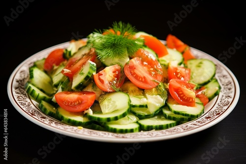Freshly prepared salad with cucumber, tomato, and lettuce. Generative AI