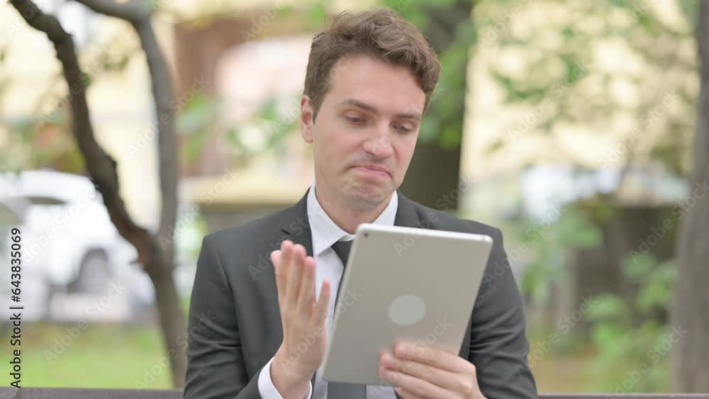 Businessman Doing Video Chat on Tablet Outdoor Businessman Doing Video Chat on Tablet Outdoor