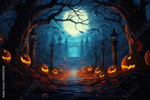 Halloween spooky background  scary jack o lantern pumpkins in creepy dark forest with bats  spooky trees  moon and old house Happy Haloween ghosts horror gothic mysterious night moonlight backdrop.