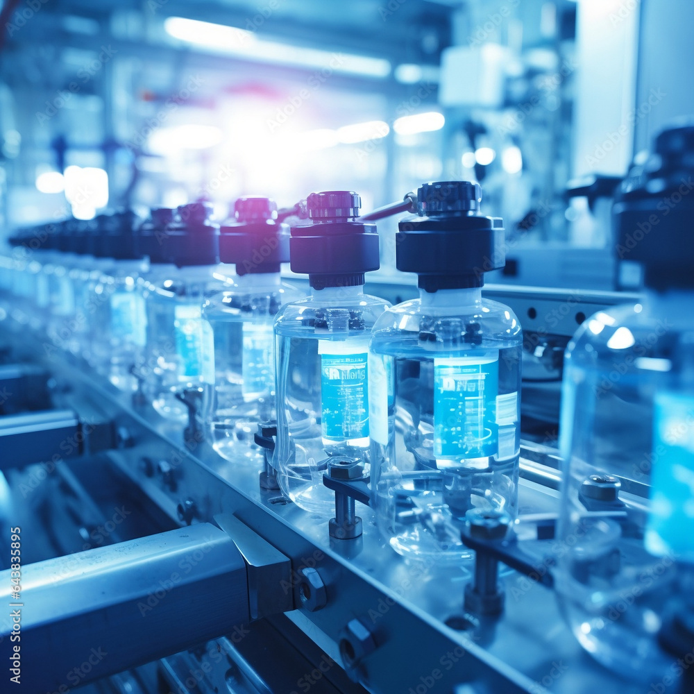 Pharmaceutical bottles in the manufacturing process at a drug production facility, with machinery efficiently handling the production line for medical glass containers. Pharmaceutical bottles in the manufacturing process at a drug production facility, with machinery efficiently handling the production line for medical glass containers.