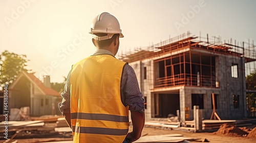 inspector or engineer is inspecting construction and quality assurance new house using a checklist. Engineers or architects or contactor work to build the house before handing, generate by AI.