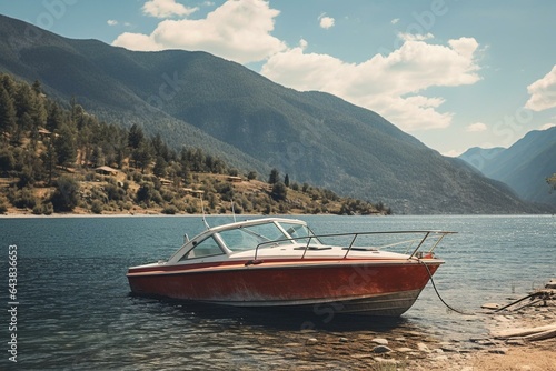 Motorboat parked near a mountainous lake with clear sky. Generative AI