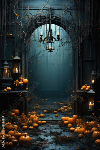 Halloween spooky background  scary pumpkins in old big creepy Happy Haloween ghosts horror house evil haunted castle scene. Creepy dark gothic mysterious night dark backdrop concept.