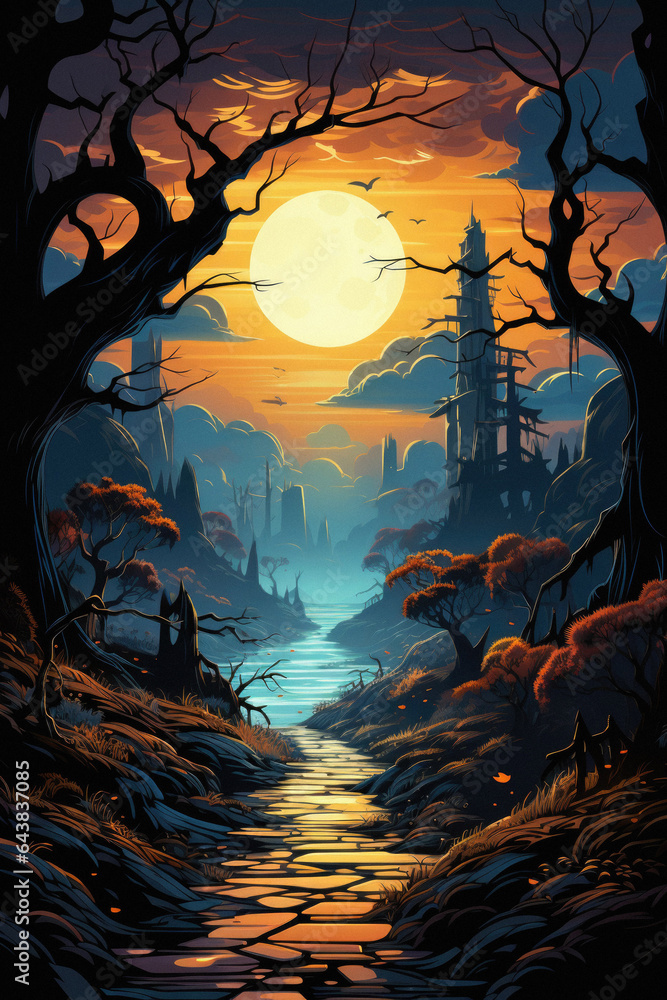 Happy Halloween spooky scary moon night scene horror landscape background. Creepy dark forest woods trees, moon and Happy Haloween ghosts gothic mysterious sky moonlight gloomy scenery backdrop.