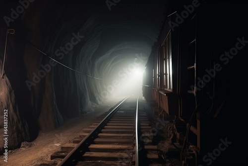 Bright light on train in dark mine with foggy coal floor and dust. Generative AI