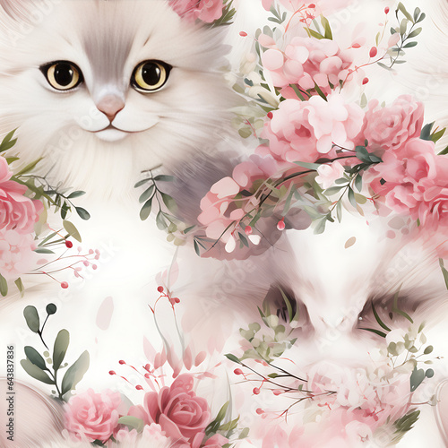 cat and flowers,seamless and pattern